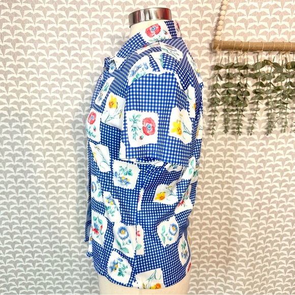 Vtg 90s Blue Plaid Floral Print Flower Button Down Shirt Polyester Y2K Jr Large - Picture 5 of 8